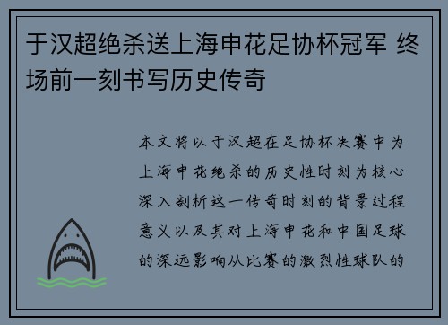 于汉超绝杀送上海申花足协杯冠军 终场前一刻书写历史传奇